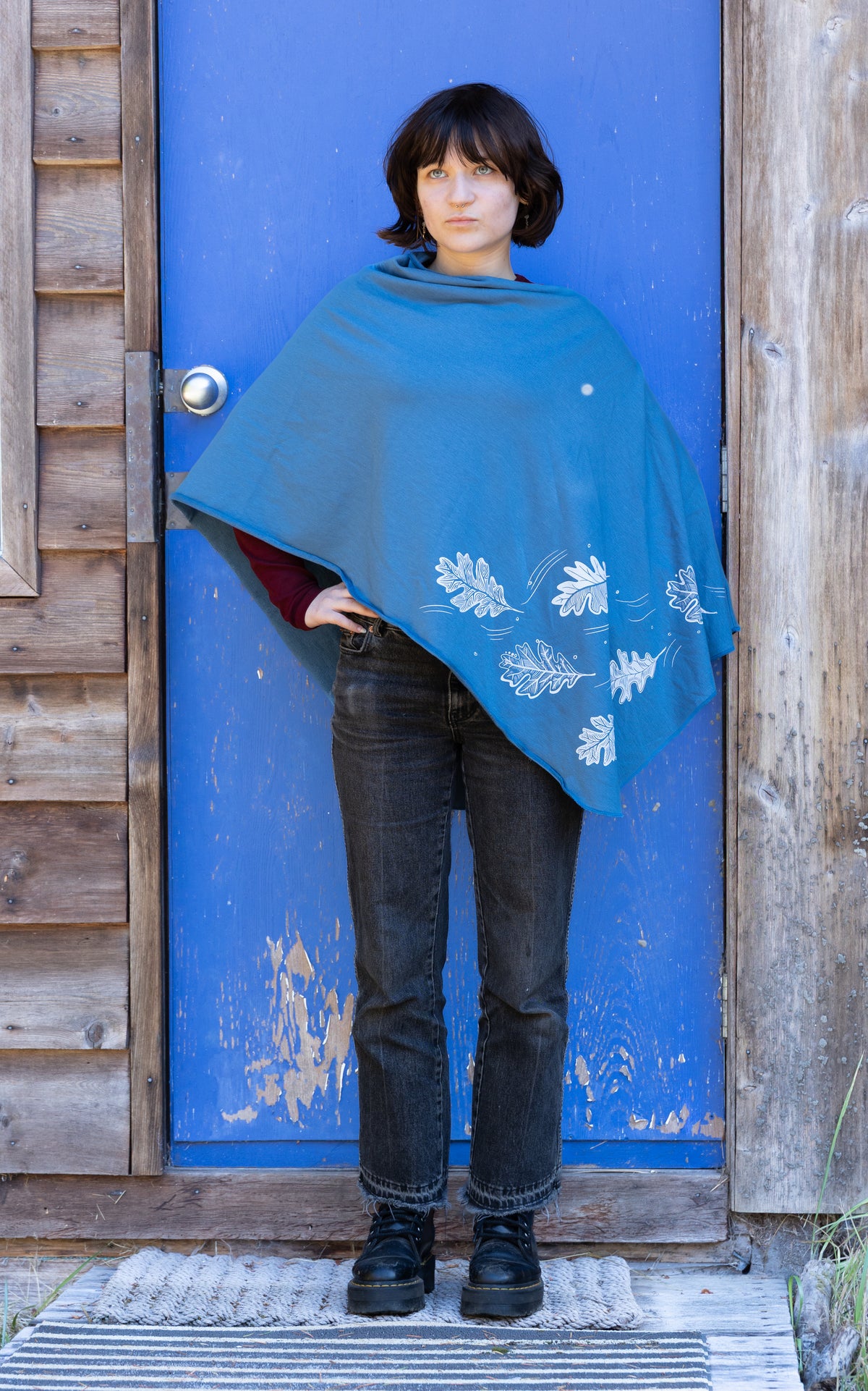 Stellar Blue Poncho with Oak Leaves Design