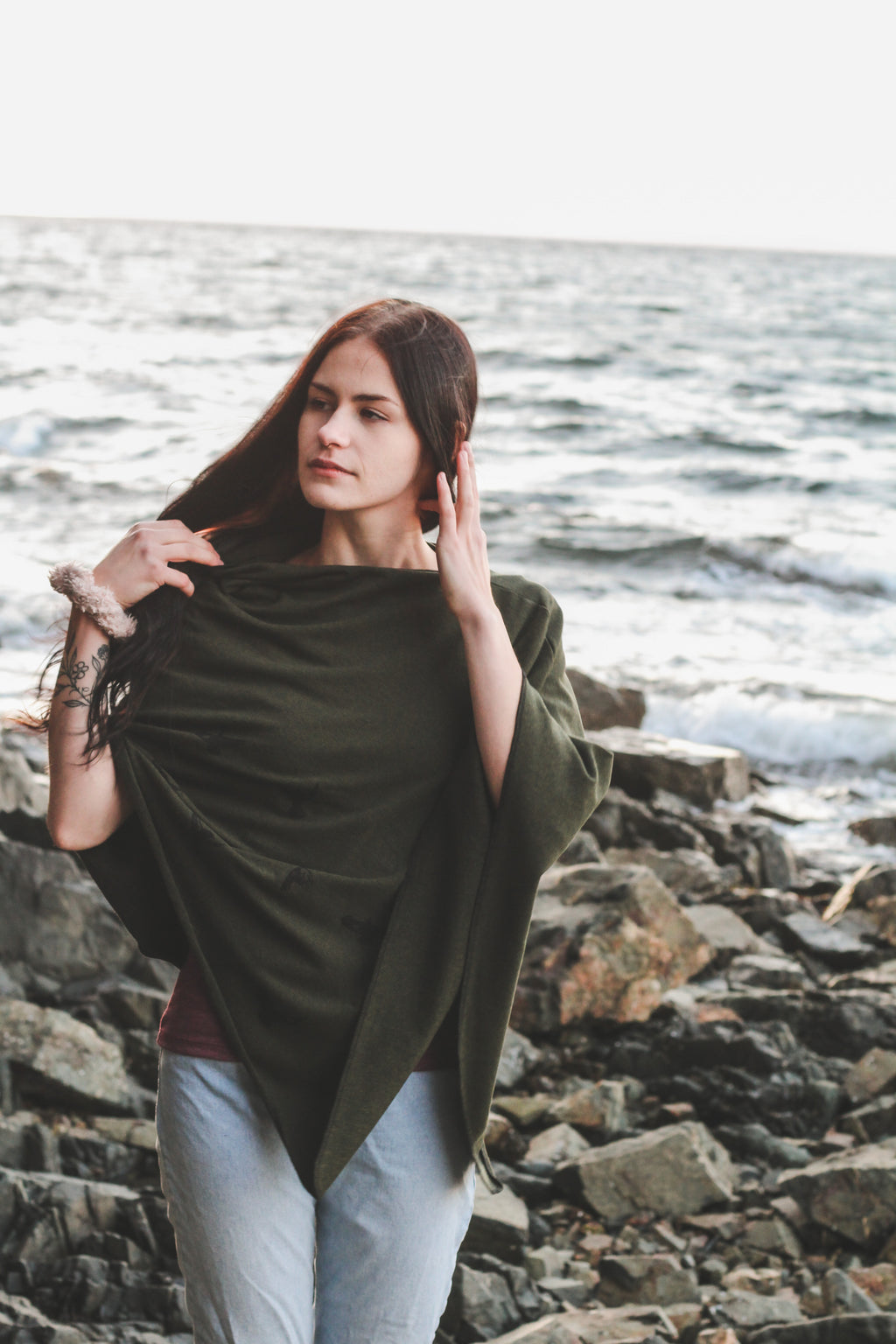 Forest Green Poncho with Birds Print