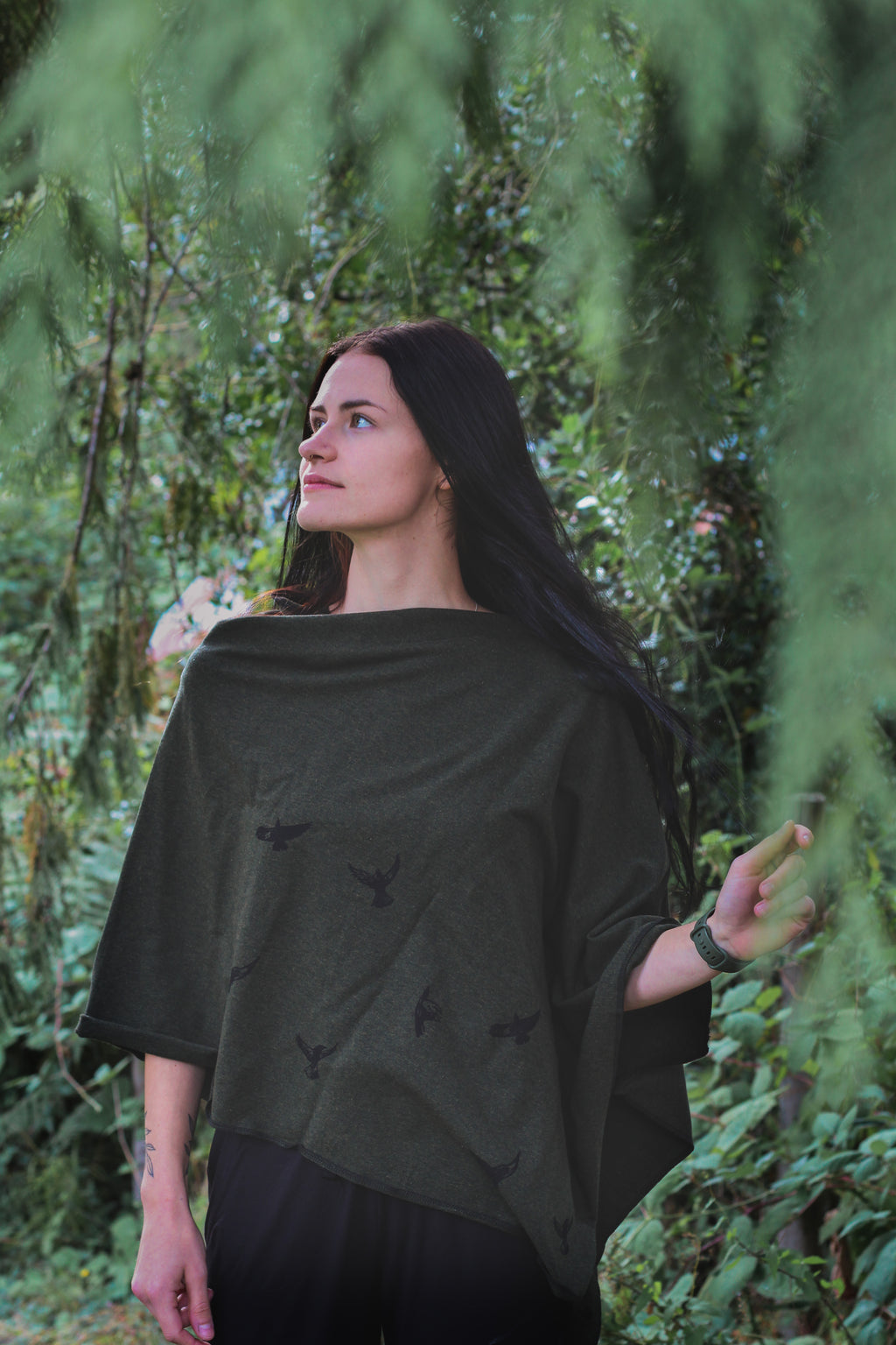 Forest Green Poncho with Birds Print