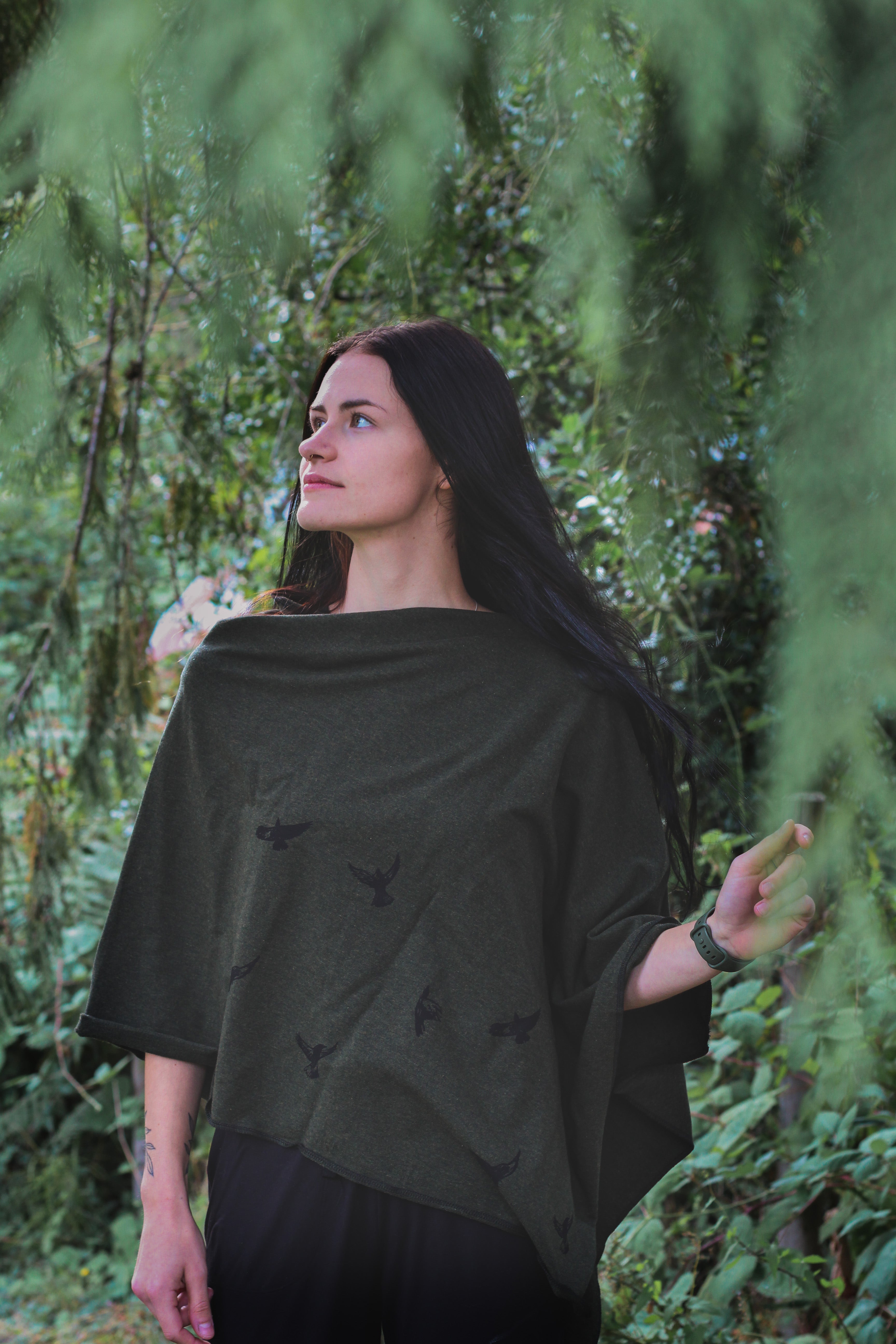 Forest Green Poncho with Birds Print