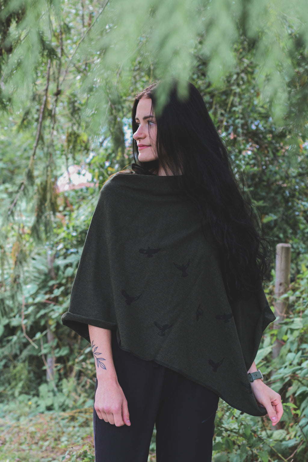 Forest Green Poncho with Birds Print
