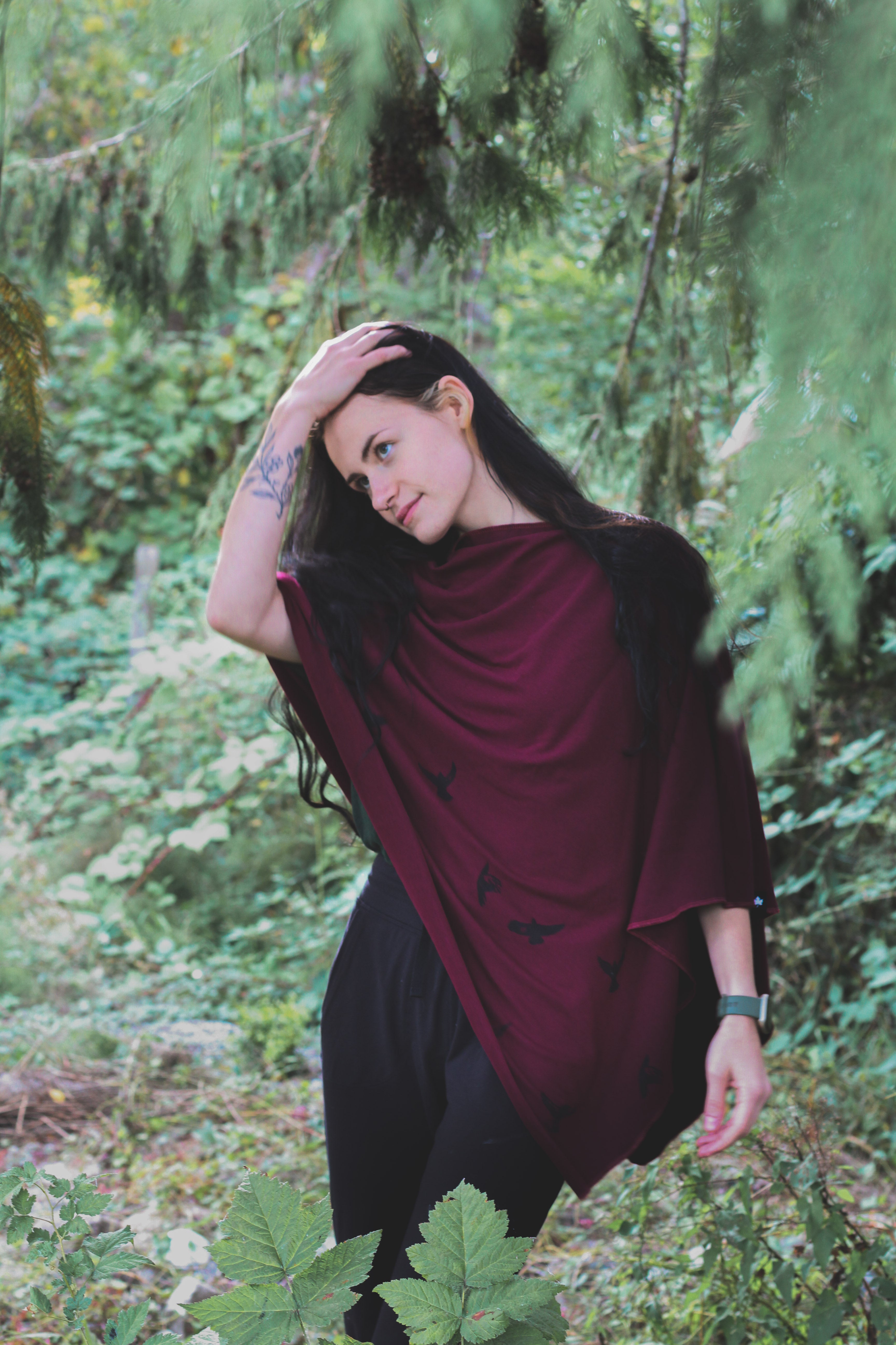 Merlot Poncho with Birds Print