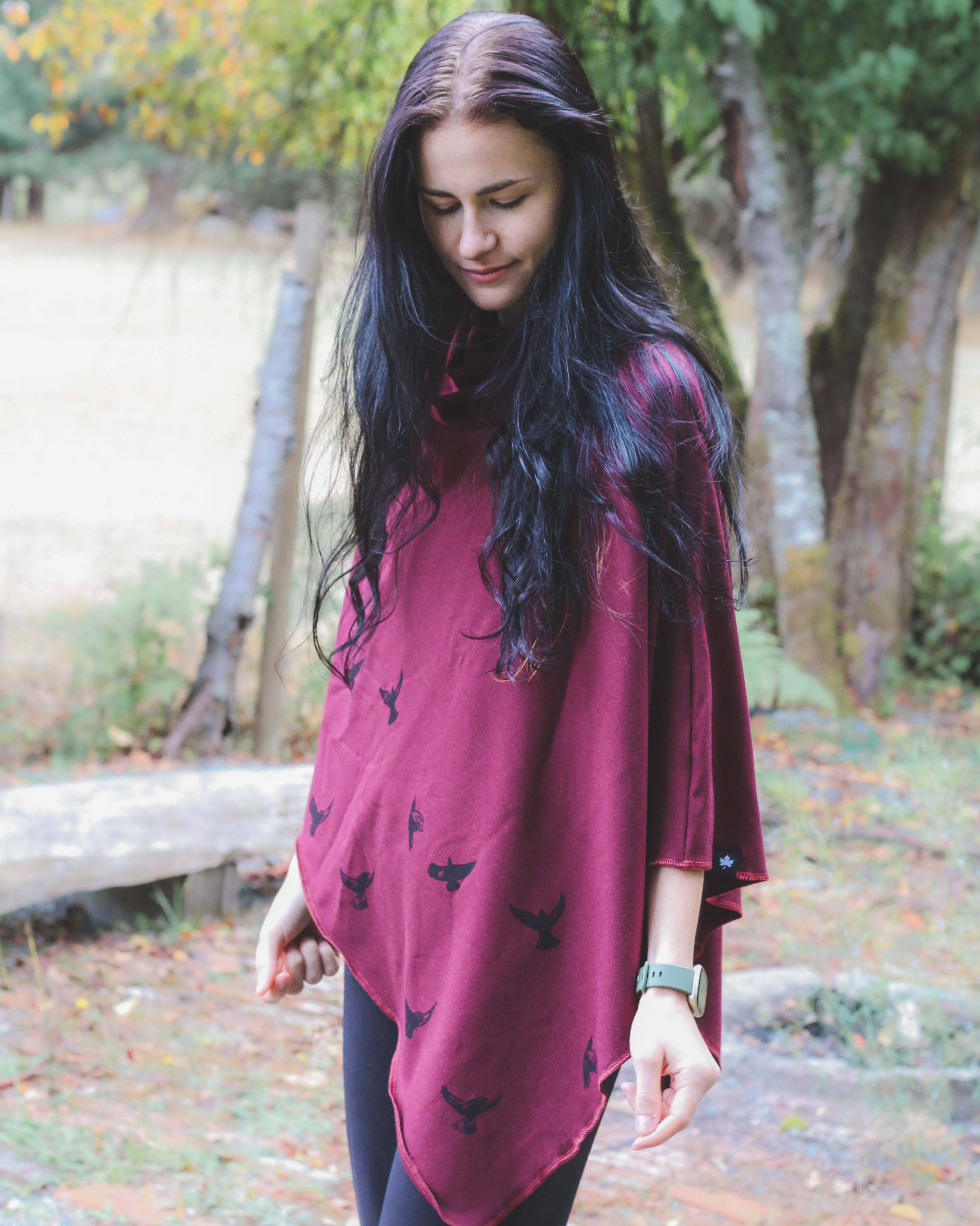 Merlot Poncho with Birds Print