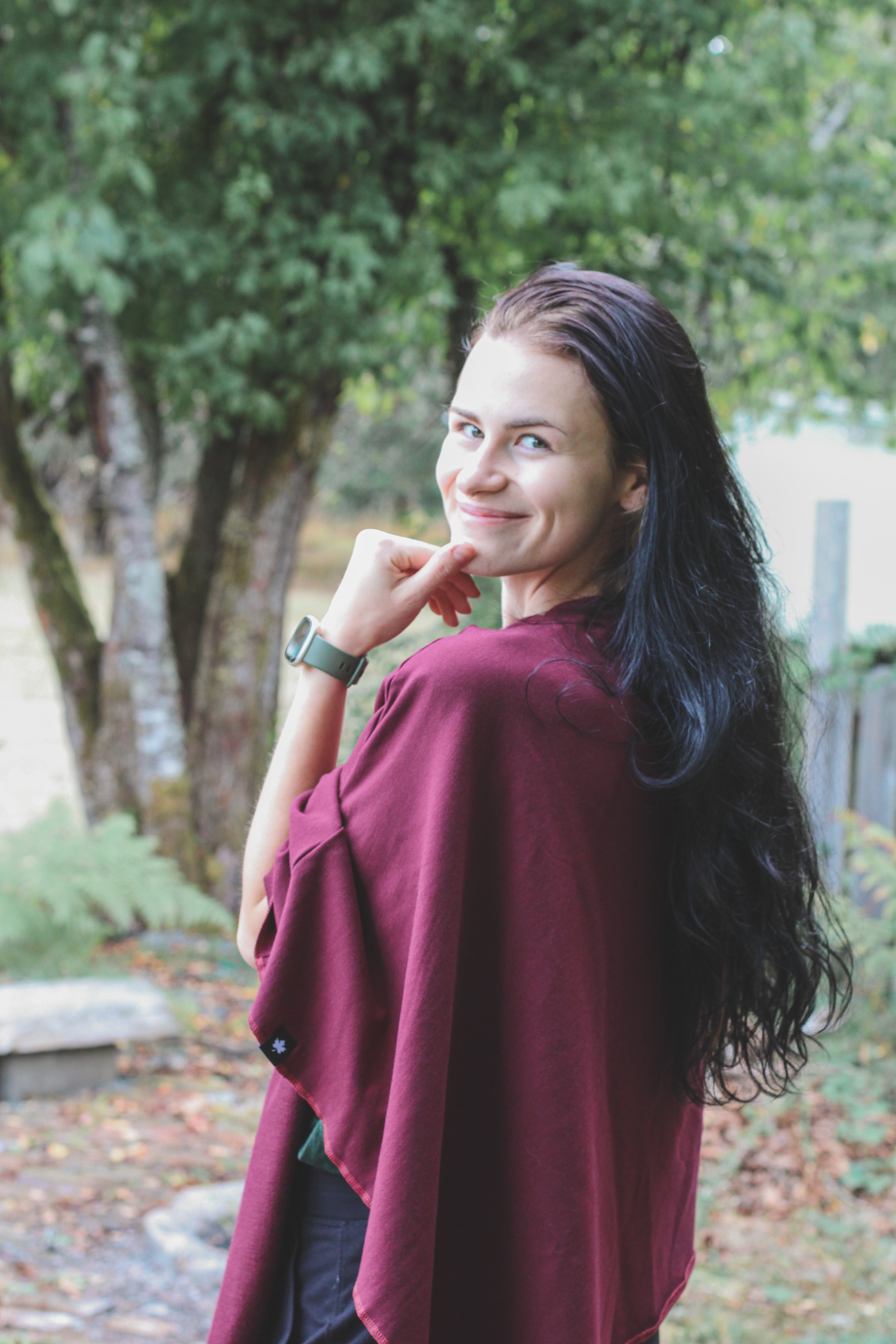 Merlot Poncho with Birds Print
