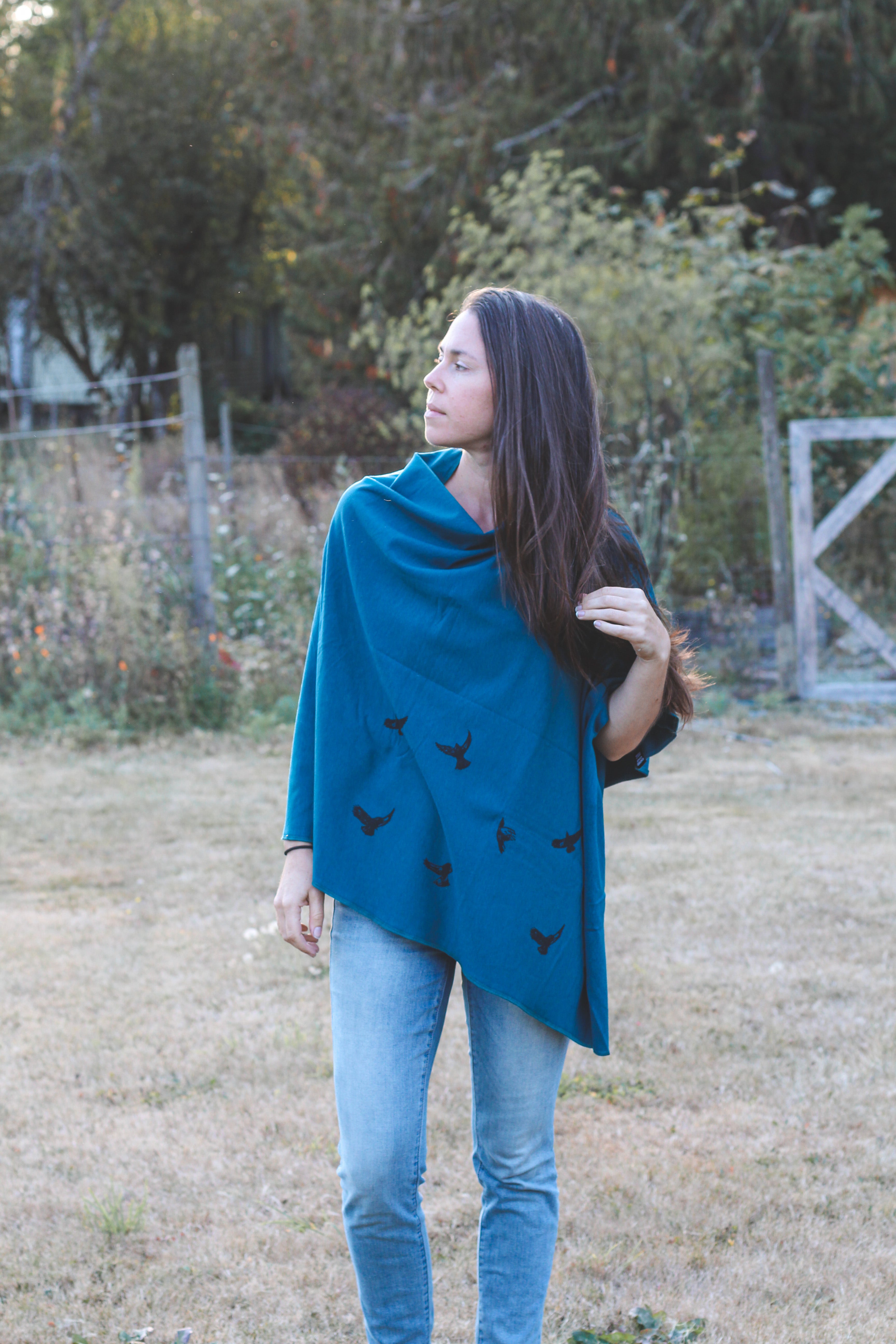 Moroccan Blue Poncho with Birds Print
