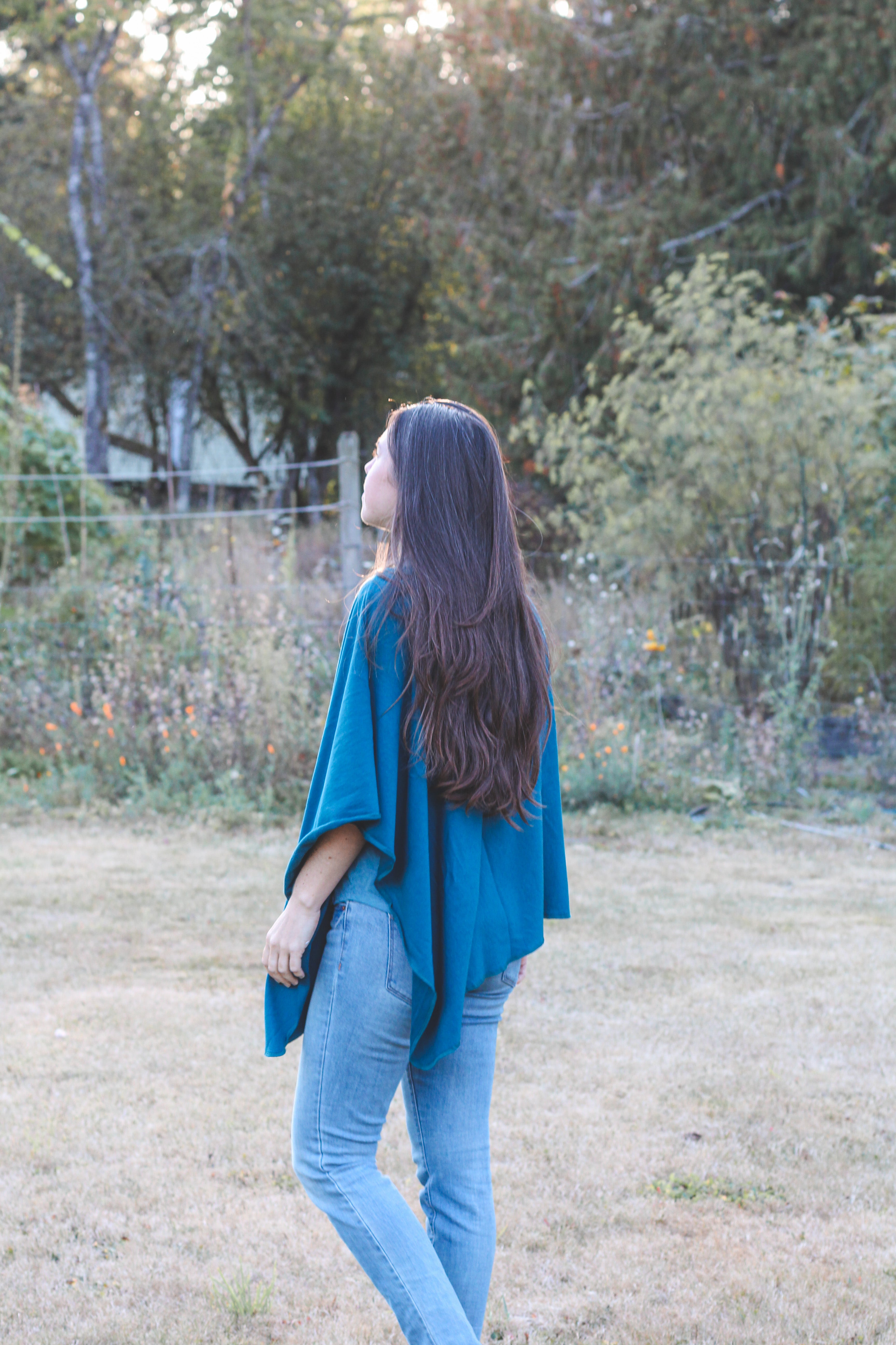 Moroccan Blue Poncho with Birds Print
