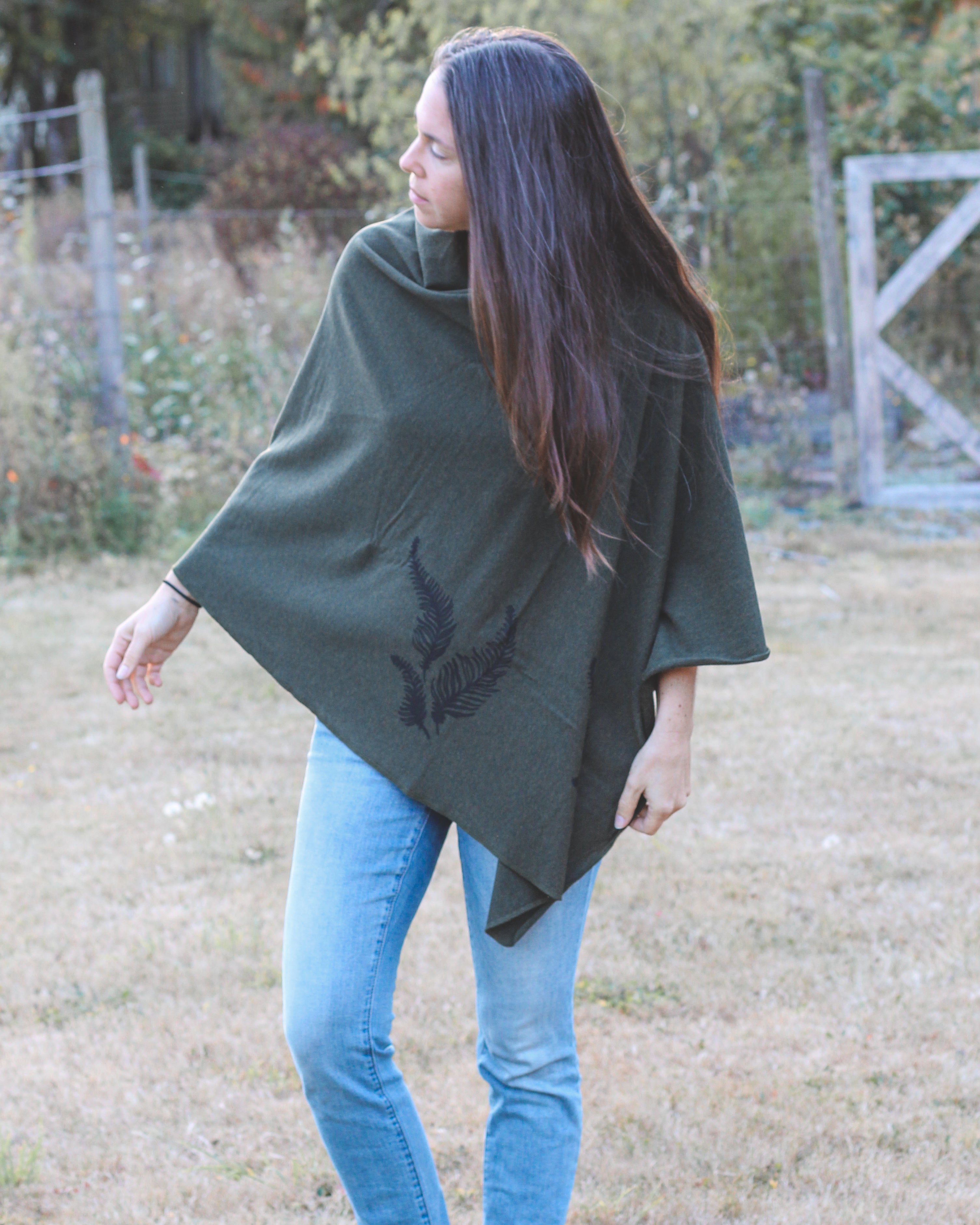 Forest Green Poncho with Fern Print