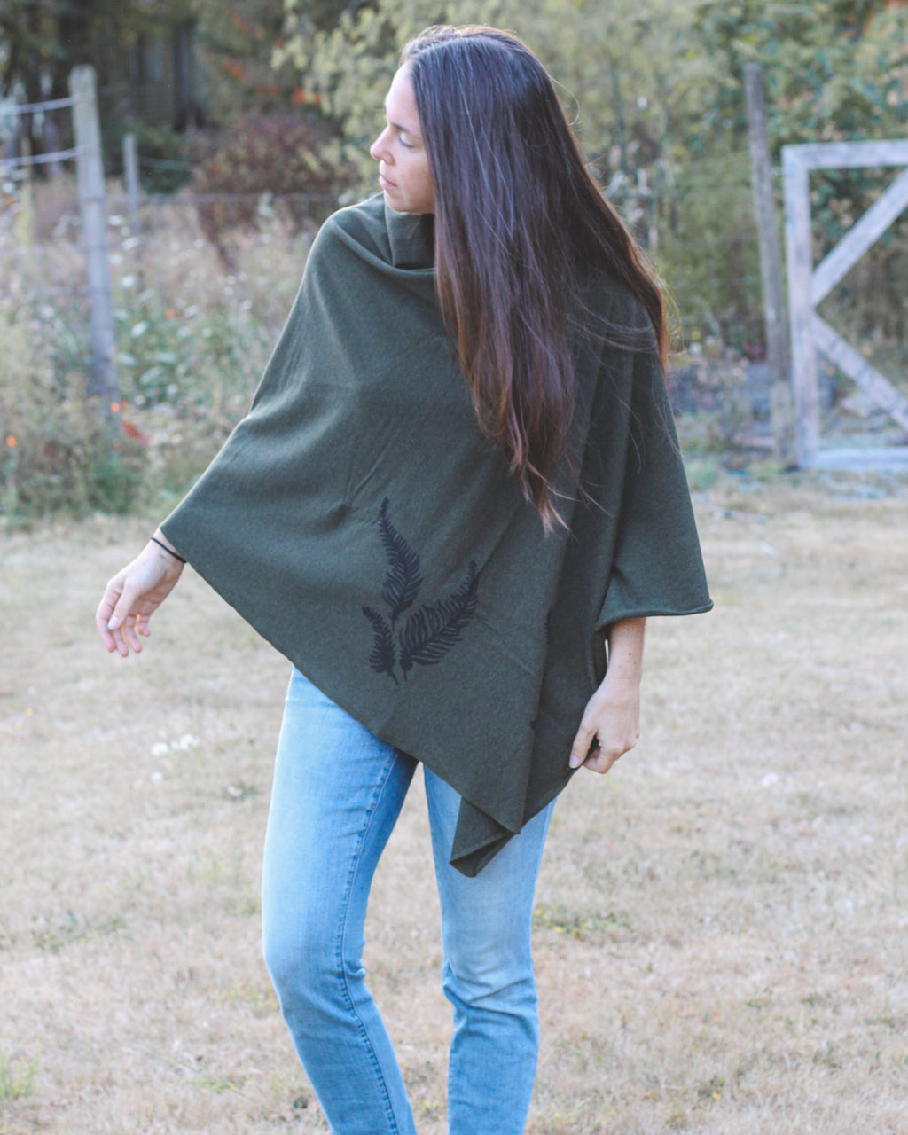 Forest Green Tencel Poncho with Fern Print