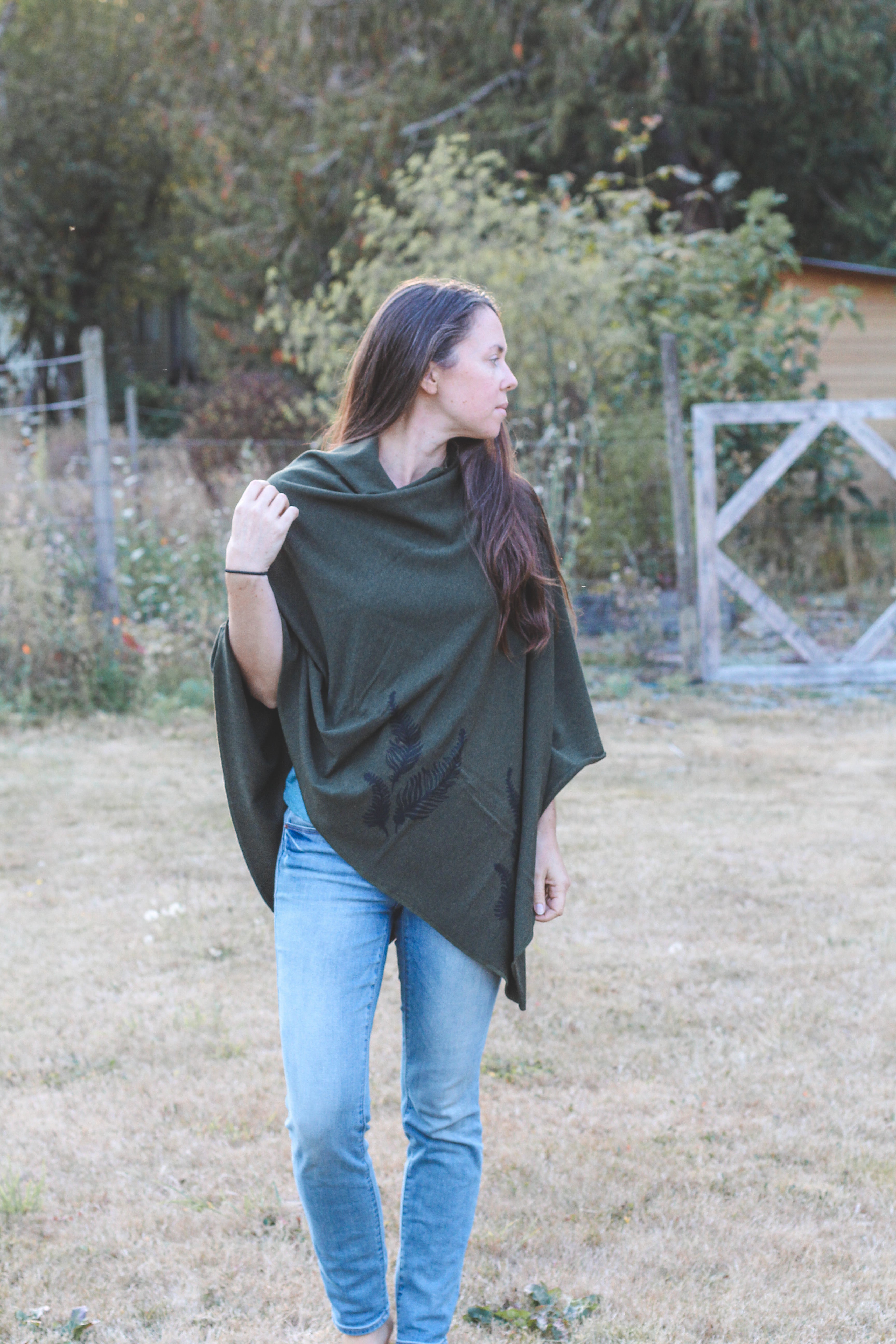Forest Green Poncho with Fern Print
