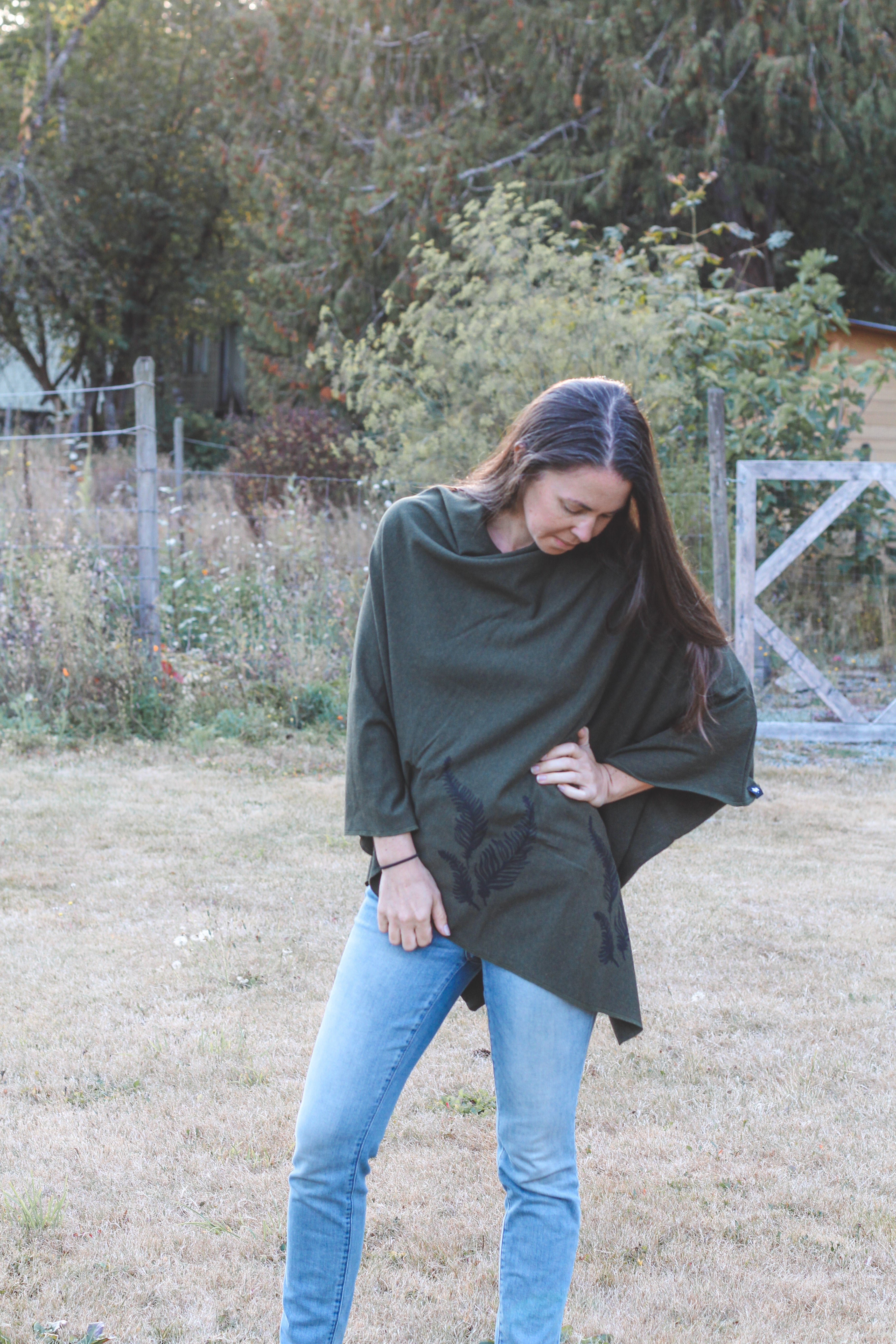 Forest Green Poncho with Fern Print