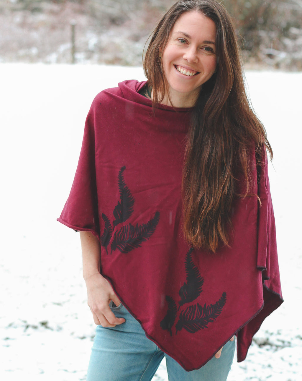 Merlot Poncho with Fern Print