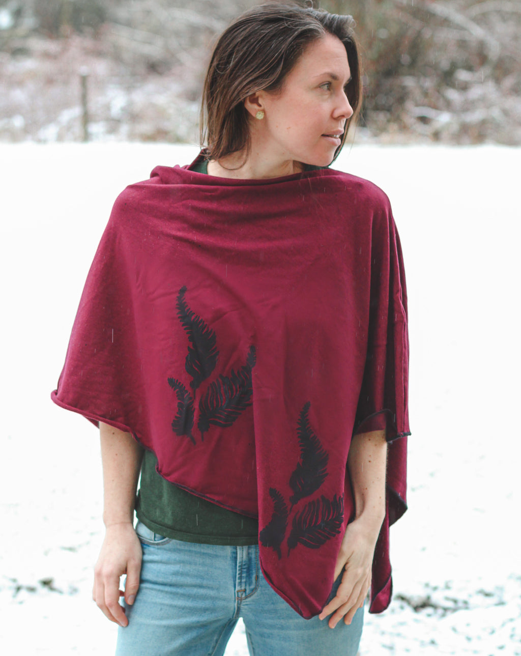 Merlot Tencel Poncho with Fern Print