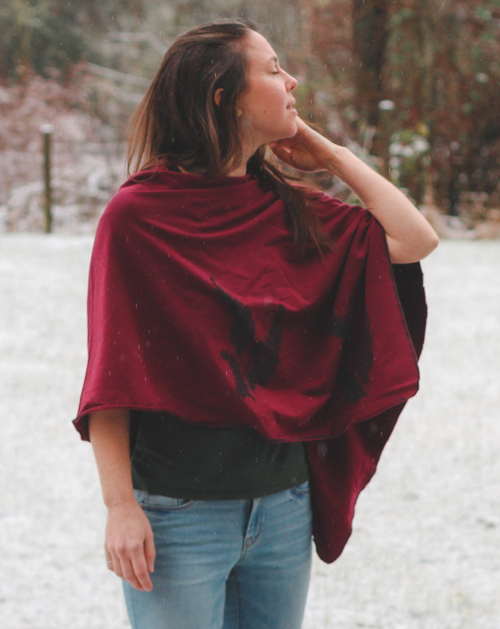 Merlot Poncho with Fern Print